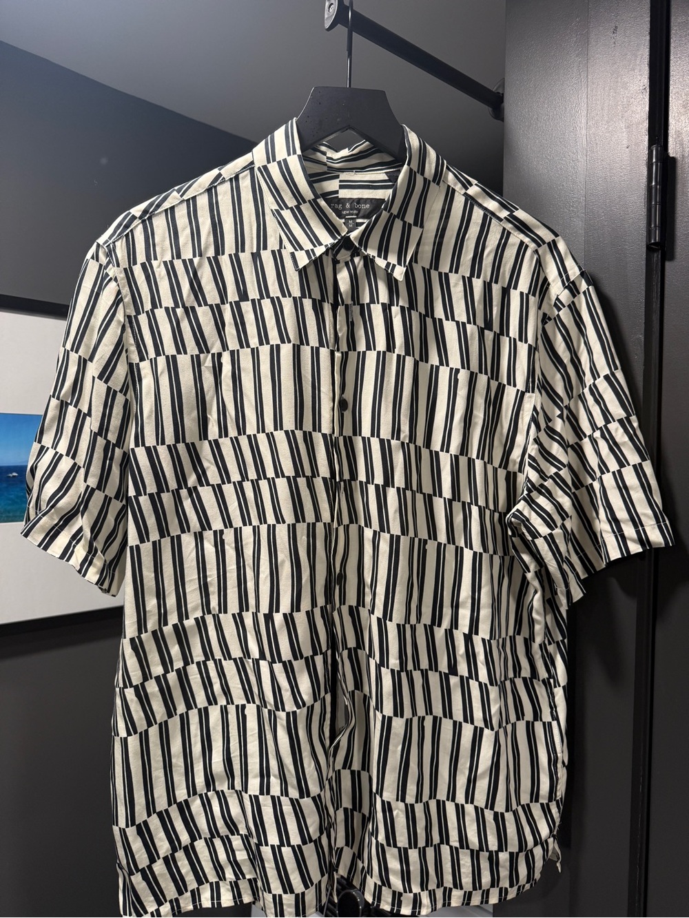 rag & bone Black and White Striped Short Sleeve Button-Down Shirt